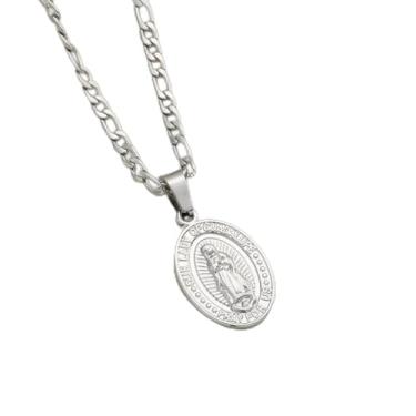 Imagem de Colar com pingente de Virgem Maria Nossa Senhora de Guadalupe em ouro 14K prateado para mulheres e homens, pingente oval da Virgem Maria com colar de corrente Fígaro, chain length: 22", Metal, Sem