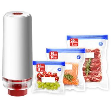 Imagem de ZABINS Conjunto selador a vácuo portátil, máquina seladora a vácuo portátil compacta + 40 sacos de vácuo reutilizáveis para armazenamento de alimentos, cozimento sous vide, freezer, aquecimento de