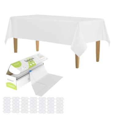 Imagem de KAshack Rolo de toalha de mesa de plástico, capa de mesa com caixa de corte deslizante conveniente - toalhas de mesa brancas descartáveis para churrasco, festa, aniversário, casamento, uso ao ar livre