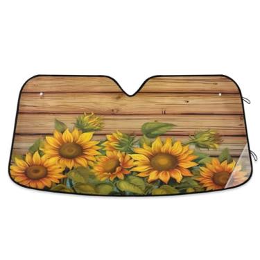 Imagem de ATTX Girassóis em tábua de madeira pára-brisa de carro 144.8 cm x 80.0 cm escudo solar universal com proteção UV, persiana de janela frontal automática dobrável para sedãs SUVs caminhões #389