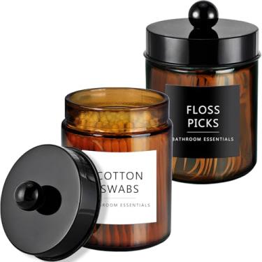 Imagem de Amolliar Suporte Qtip de vidro âmbar, frascos de boticário com tampa de plástico preto e adesivos - conjunto organizador de armazenamento de dispensador Qtip para banheiro, cantainer para cotonetes de