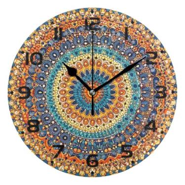 Imagem de JUZIHAI Relógio de parede mandala silencioso, sem tique-taque, relógios de parede redondos operados por bateria, fácil de ler, relógio decorativo de parede para casa, cozinha, sala de estar, quarto