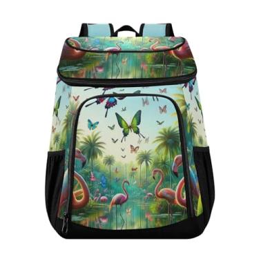 Imagem de ODAWA Mochila térmica à prova d'água para praia, listras náuticas, âncoras, mochila de almoço para piquenique, pesca, caminhadas, acampamento, Plantas tropicais e flamingos