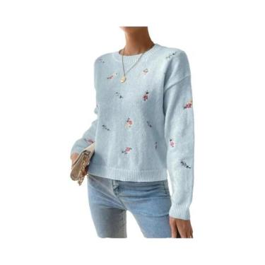 Imagem de Suéter Feminino Com Bordado Floral, Gola Redonda, Manga Longa, Pulôver