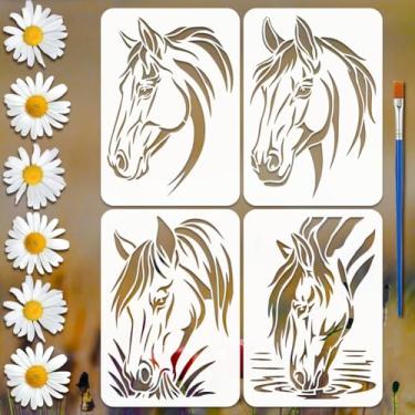Imagem de FINGERINSPIRE 4 peças de estêncil de cabeça de cavalo com 1 pincel 21 x 29,7 cm modelo tradicional de estêncil de cavalos de animal para pintura em móveis de parede de madeira, decoração de casa faça