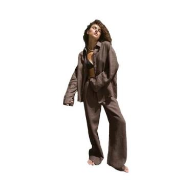 Imagem de Conjunto Feminino Casual De Blusa Rosa Com Lapela E Calça De Cintura E