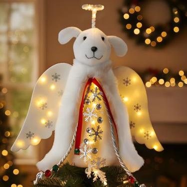 Imagem de iHeartDogs Decoração de topo de árvore de Natal – O enfeite de árvore original para cachorro "milagre de Natal" anjo com halo iluminado por LED, guirlanda de floco de neve e asas, decoração de férias