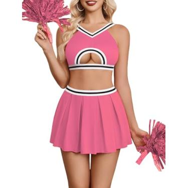 Imagem de Avidlove Conjunto de saias de lingerie feminina, sexy, fantasia de líder de torcida, saia curta, tops recortados, cosplay de Halloween, rosa choque, M