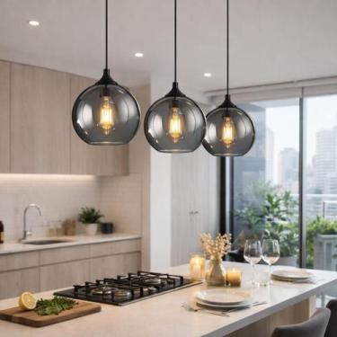 Imagem de Luminária Teto Pendente 24,5cm Globo Vidro Cinza Moderno Lustre Gimpo 