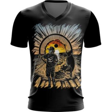 Imagem de Camiseta Gola V Pesca Esportiva Pôr do Sol Peixes 3 - Kasubeck Store®,