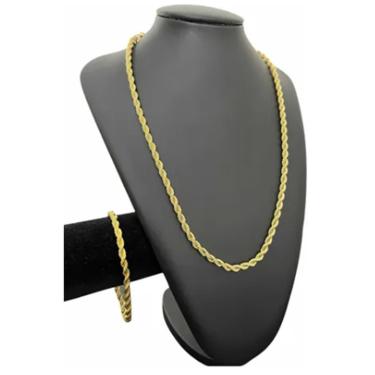 Imagem de Cordão + Pulseira 5mm Baiano Corda Banhado A Ouro 18k Luxo