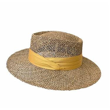 Imagem de Lifup Chapéu de palha feminino chapéu panamá de aba larga com faixa plana chapéu de sol chapéu de veleiro FPS 50, Amarelo, Tamanho Único