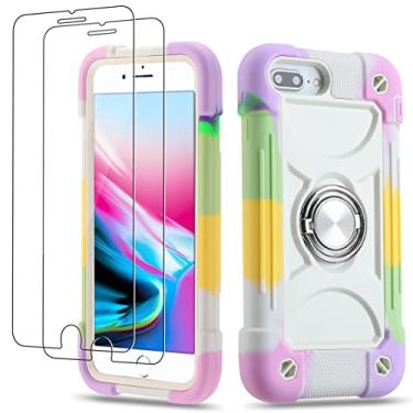 Imagem de Cookiver Capa para iPhone 8 Plus/7 Plus, capa para iPhone 6 Plus/iPhone 6s Plus 5,5 polegadas com suporte de anel, com 2 pacotes de película de vidro resistente capa de telefone (branco arco-íris)