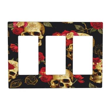 Imagem de Thsanju Vintage Gold Rose Floral Skull Red/Black Retro Triple Rocker Outlet Covers Decorativa 3 Gang Light Switch Cover Receptáculo Placa de Parede Gfci Placa Elétrica Placa Frontal para Banheiro