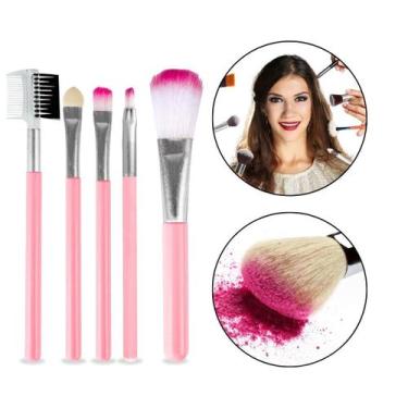 Imagem de Kit 5 Pincéis Maquiagem Rosa Rosto Make-Up Pó Sombra Batom - Arte Sedu