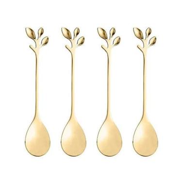 Imagem de Conjunto 4 Colheres Flor Aço Inox para Café / Chá Dourado Ouro - Decor