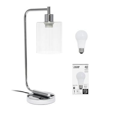 Imagem de Simple Designs LD1066-CHR-LB Lanterna de Mesa Industrial Vintage Bronson Ferro Lanterna de Mesa com Porta USB e Sombra Cilindro de Vidro para Escritório, Sala de Estar, Quarto, Cromo, com Lâmpada LED