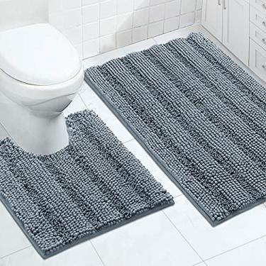 Imagem de Turquoize Tapetes de banho para conjuntos de banheiro 2 tapetes de banheiro listrados de chenille mais tapetes de vaso sanitário em forma de U, tapetes antiderrapantes e absorventes 2 peças (grande: 61 cm x 91 cm e 50 cm x 61 cm U), azul pedra