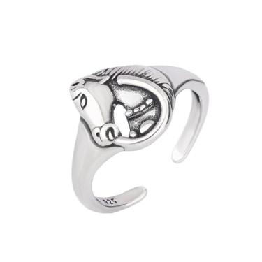 Imagem de OIDIMS Anéis abertos de cabeça de cavalo vintage punk animal ajustável extensível anel de dedo amuleto amizade joia exclusiva boa sorte Natal Dia dos Namorados presentes para mulheres e homens, Metal,