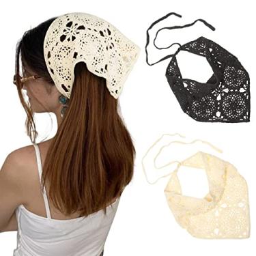 Imagem de AWAYTR Cachecol de cabelo bandana de crochê, lenço de cabeça, 2 peças de lenços de malha com laço floral Bcak para mulheres e meninas, Preto + branco, 1 Count (Pack of 2)
