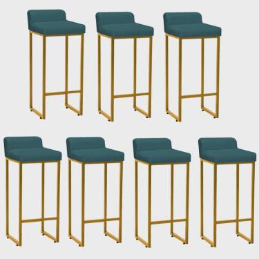 Imagem de Kit 07 Banqueta Alta Mia Com Encosto Cozinha Bistrô Bar Balcão Ferro Dourado Suede Azul Turquesa - Ahz Móveis