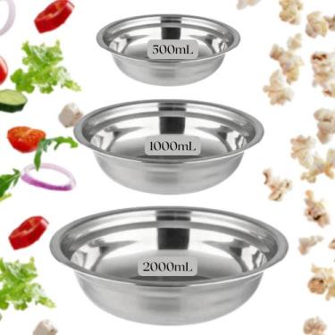 Imagem de Kit 03 tigelas de aço inox fundo P, M G pote cozinha salada vasilha me