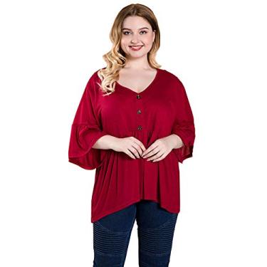 Imagem de 3FLQOOPP Camiseta vermelha tamanho grande blusa feminina com babados escritório feminino casual camisetas femininas (vermelho 3X)