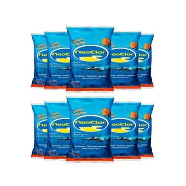 Imagem de 10 pastilhas de cloro clarificante 200g para piscinas 3 em 1 neoclor