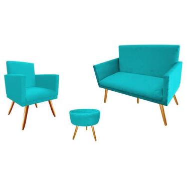 Imagem de Kit Namoradeira + 1 Poltrona Decorativa Nina + Puff Redondo Suede Azul