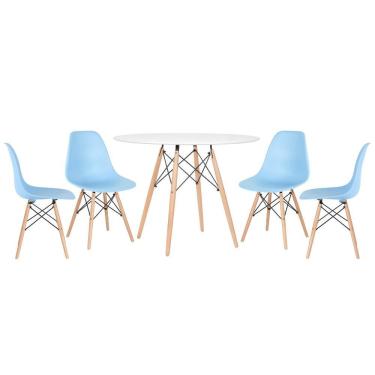 Imagem de Mesa Redonda Eames 100cm Branco + 4 Cadeiras Azul Claro