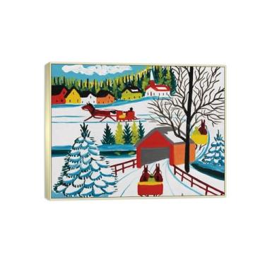 Imagem de Maud Lewis Famosa Pintura-Impressões em Tela Reprodução-Quadro Sala de Estar(Covered Bridge in Winter) 60x80cm-23x31in Moldura de Prata