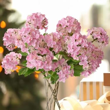 Imagem de JINWOE Flores artificiais rosa claro para decoração, 4 peças de hastes artificiais de viburnum de bola de neve de toque real, floral de látex realista para buquê de primavera, mesa de casamento em