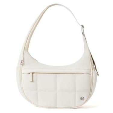 Imagem de POIUGOYA Bolsa de ombro de nylon para mulheres, pequena bolsa crescente acolchoada, bolso com zíper triplo, mini bolsa fofa para viagem/fitness/atividades ao ar livre, Bege