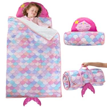 Imagem de Tapete de sereia macio com travesseiro para meninas de 1 a 5 anos - Saco de dormir infantil leve e portátil para creche, viagem pré-escolar