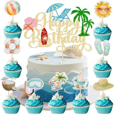 Imagem de Gyufise 37Pcs Summer Beach Pool Cupcake Toppers Glitter Beach Happy Birthday Cake Topper Ball Sun Umbrella Water Gun Cupcake Picks for Tropical Hawaii Theme Birthday Party Decorations Supplies Gold