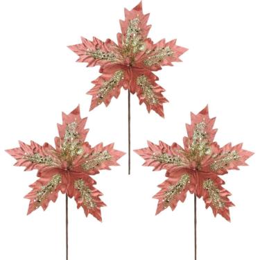 Imagem de Kit 3 Flores Bico de Papagaio Veludo Rosê Pick Natal Glitter Dourado 24cm - Magizi