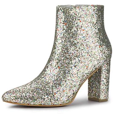 Imagem de Allegra K Botas femininas com bico fino e salto grosso com glitter, Prata, 34