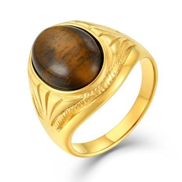 Imagem de Raymard Anel de sinete oval de olho de tigre masculino, pedra natural, anéis de polegar de aço inoxidável para homens, joias de presente para ele, tamanho 7-13, Aço inoxidável, Olho de tigre