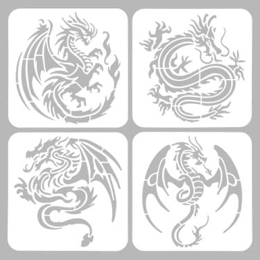 Imagem de ORIGACH 4 peças de estênceis de dragão – 19,8 x 19,8 cm, estênceis grandes reutilizáveis de dragão ocidental e chinês para desenhar, pintar em madeira, tela, parede