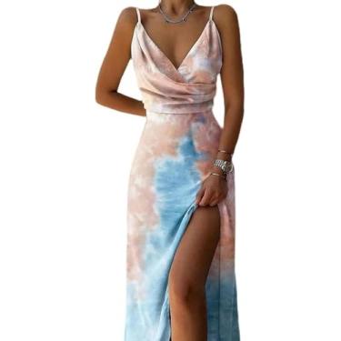 Imagem de Senhoras Verão Novo Suspensório Com Decote Em V Fenda Impressão Vestido De Viajante, Pink Print, XL