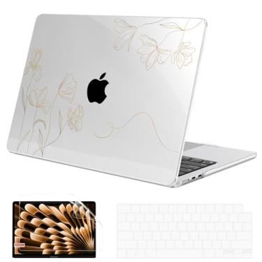 Imagem de G JGOO Compatível com MacBook Air 15 polegadas 2025 2024 2023 versão M4 A3241 M3 A3114 M2 A2941, capa rígida de plástico transparente + capa de teclado + protetor de tela, floral dourado