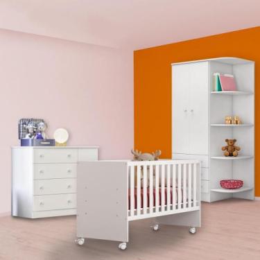 Imagem de Infantil Berço Retro, Guarda Roupa e Cômoda Trocador Branco - Qmovi