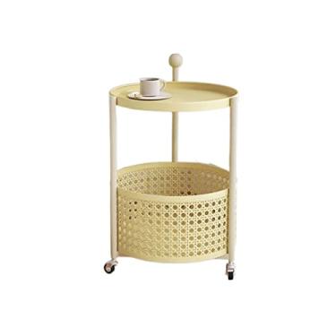 Imagem de Carrinho de mesa de centro redondo com cesta de armazenamento e rodízios bloqueáveis, adequado para cozinha doméstica, quarto, sala de estar, mesa de sofá lateral sobre rodas, mesa de centro pequena