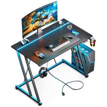 Imagem de Mesa Gamer 31.5&quot; 80 cm com Textura de de Fibra de Carbono, Gancho para Fone de Ouvido, Tomadas, 1 Portas USB e Luz LED, 110V, MOTPK