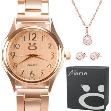 Imagem de Caixa + Colar Brinco + Relogio Feminino Aço Inoxidável Rose