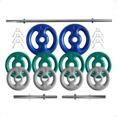 Imagem de Kit de Anilhas Emborrachadas 30 Kg + 02 Barras de 40cm + 01 Barra de 1