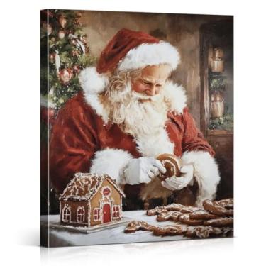 Imagem de Pão de gengibre vintage Papai Noel decoração de parede de Natal com estampa de Papai Noel, decoração de parede de Natal para casa, sala de estar, quarto, cozinha, 20 x 25 cm emoldurado