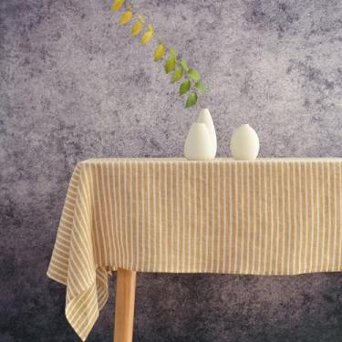 Imagem de Linkslove Home Toalha de mesa de linho - toalha de mesa listrada de linho puro marrom claro e branco para mesas de café ou café, para outono, dia de Ação de Graças, lavável na máquina