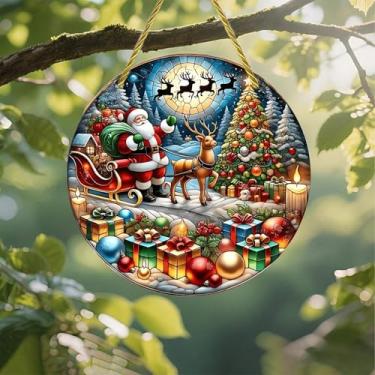 Imagem de Acrílico colorido Suncatcher, cena de Natal de rena de Papai Noel, 18 cm, decoração de parede de janela suspensa com design de vitral impresso, ideia de presente e ornamento de jardim, uso interno e