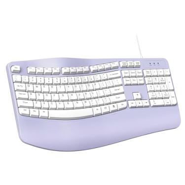 Imagem de RECCAZR Teclado ergonômico com fio com descanso de pulso, teclado Wave para digitação natural, resistente a derramamentos, compatível com Windows/PC/laptop (roxo)